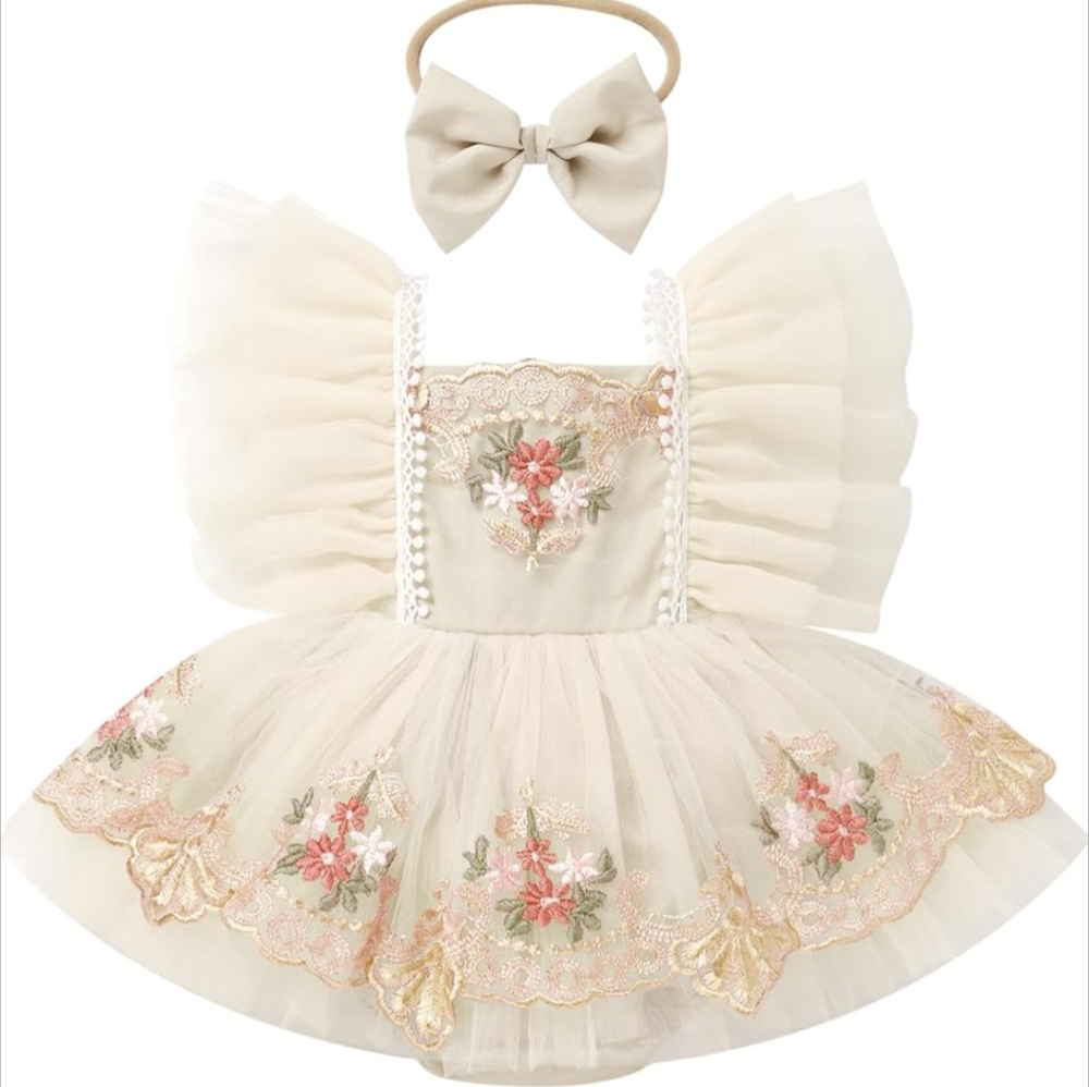 Easter Dress Floral Dress Smash Cake Birthday Ivory Outfit  Clothes Cream Romper
